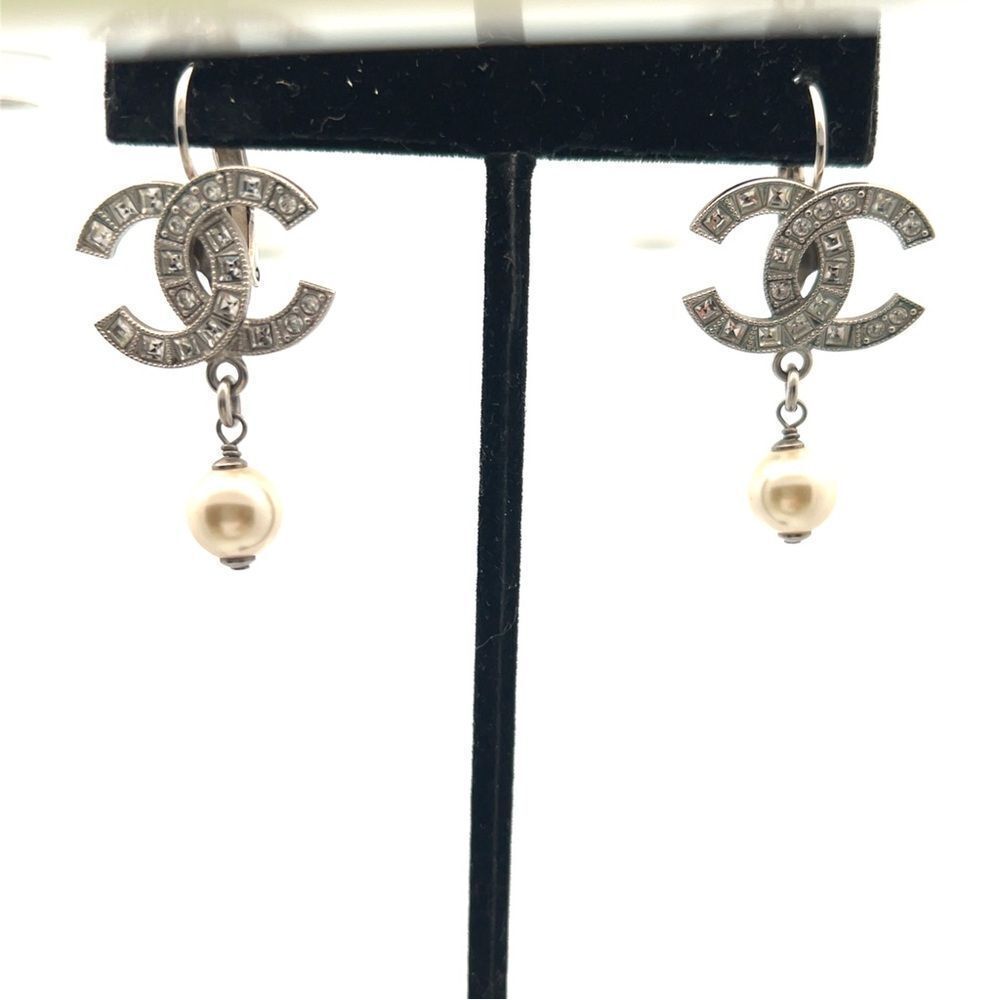 Chanel Chanel CC Faux Pearl & Crystal Silver Tone Drop Earrings - Picture 6 of 6